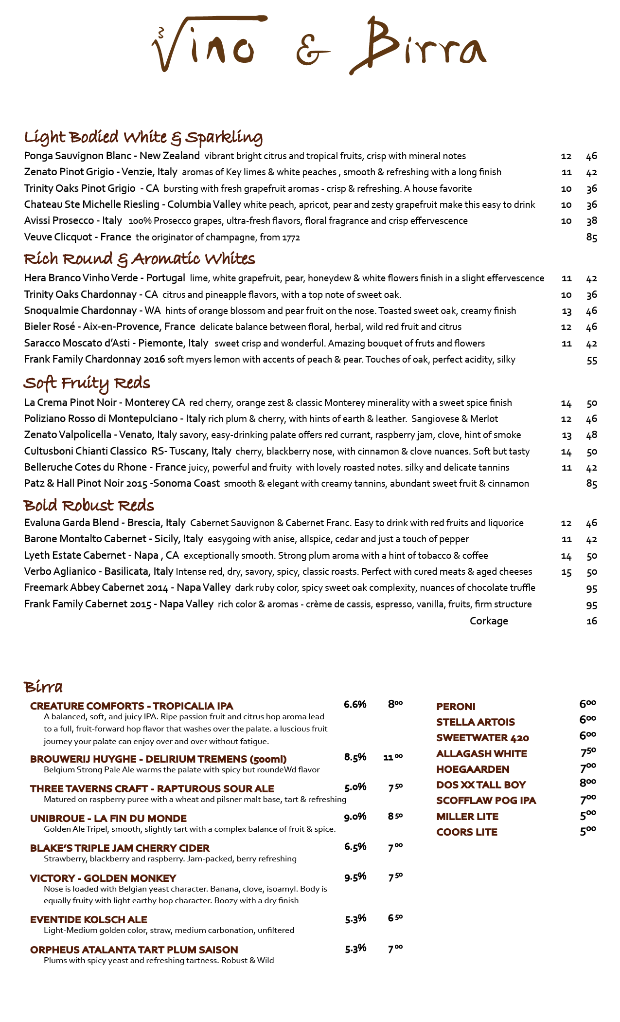 Wine & Beer Menu